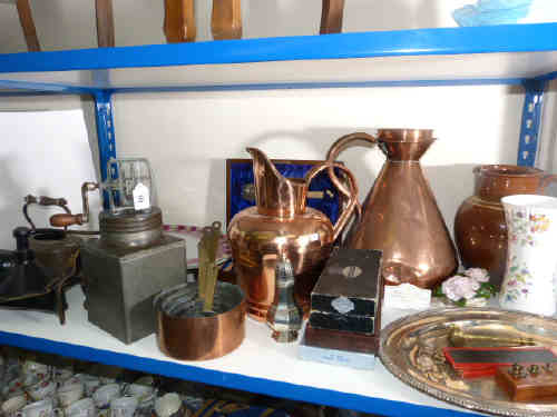 Two large copper jugs, set of copper pans, cased set of fish servers, mincer and grinder, slides,