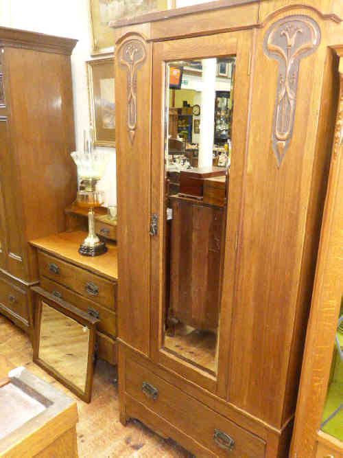 Art nouveau style oak mirror door wardrobe and dressing table