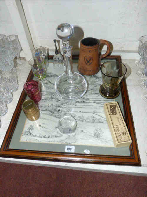Rosthwaite and Borrowdale Valley print, glass decanter and glass, dominoes, etc