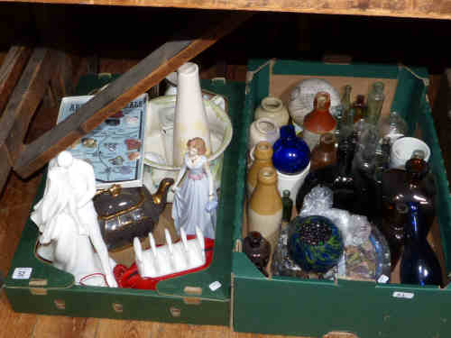 Two boxes of old bottles, chamber pot, figurines, telephone, teapots etc