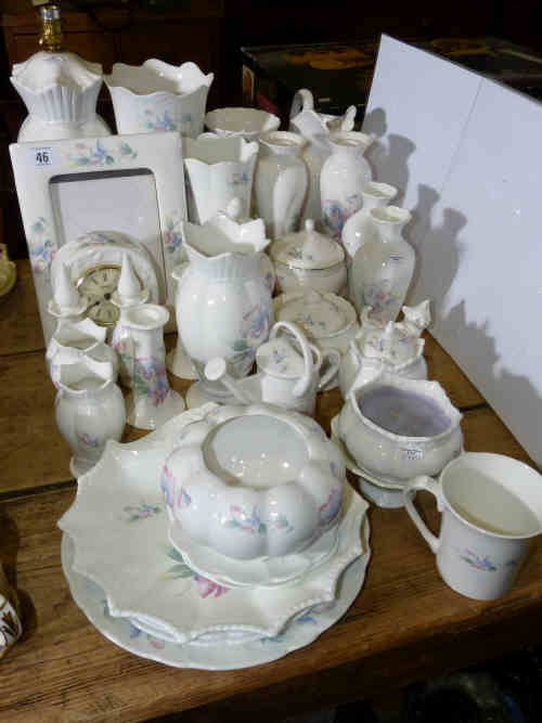 Quantity of Aynsley 'Little Sweetheart' vases, table lamp, clock etc