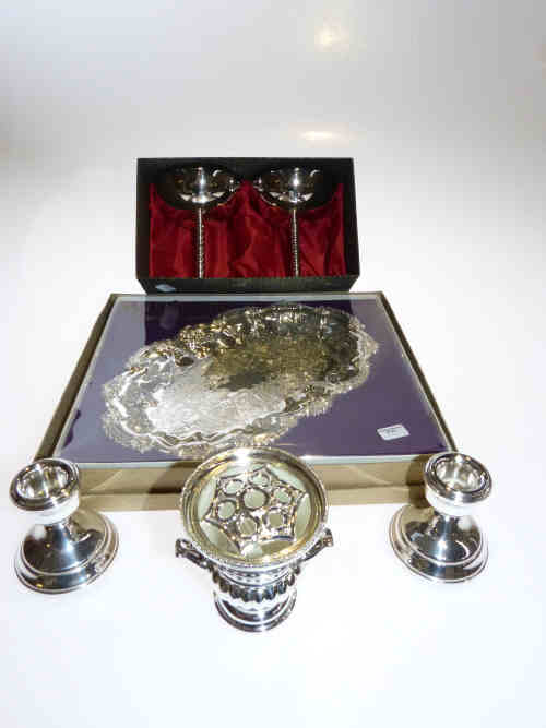 Pair of silver dwarf candlesticks, pair of silver plated champagne goblets, small vase and dish