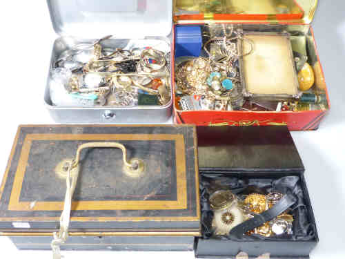 A box of costume jewellery, coins, metal cash box etc