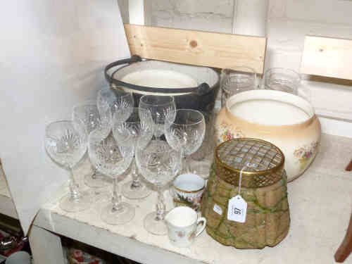 Jam pan, chamber pot, jardiniere, glass vase, eight wine glasses etc