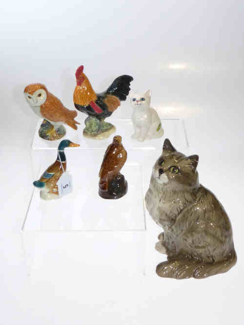 Two Beswick cats, owl, cockerel, Ben eagles miniature and a mallard (6)