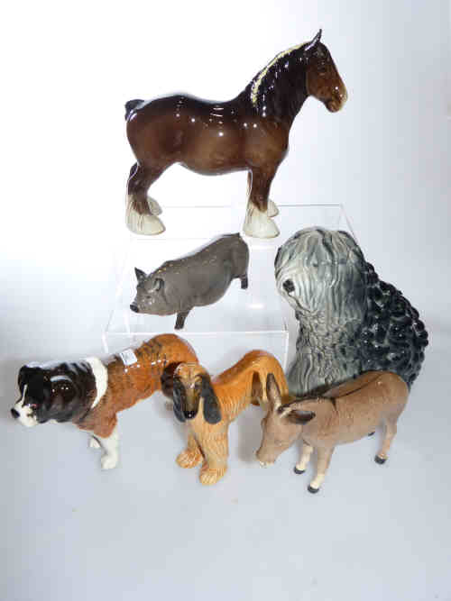 Tray of Beswick animals including Old English Sheepdog, St. Bernard, Afghan hound, Vietnamese pot