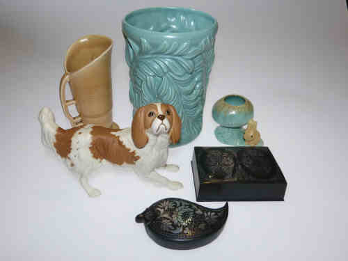 Royal Doulton spaniel, Sylvac jug, vase and ornament, two inlaid boxes
