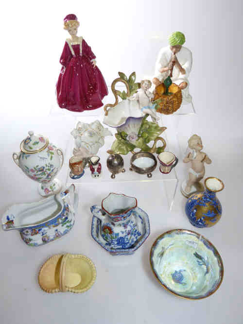 Wedgwood lustre bowl, small Royal Worcester basket, Royal Worcester figure 'Grandmothers dress',