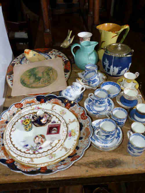 Imari plate, Derby oval meat dish, Burleigh ware jug, Crown Devon jug, Adams jasperware biscuit