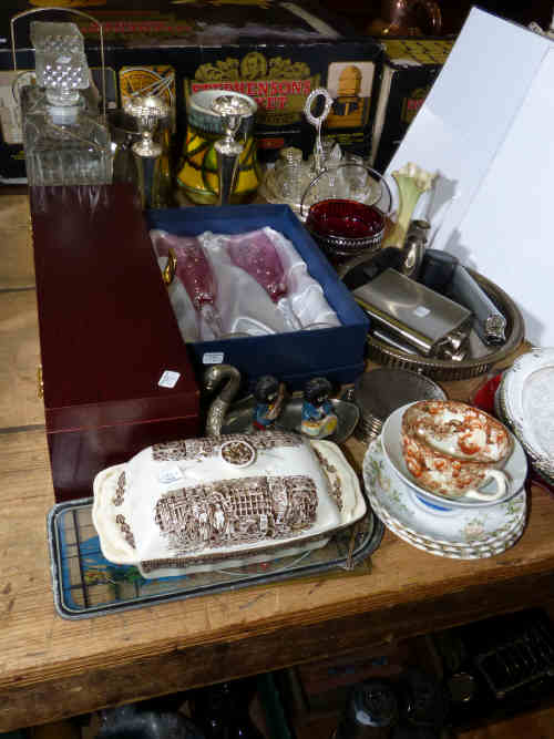 Poole vase, decanters, cruet set, pair of silver plated candlesticks, hip flask, mahogany wine box