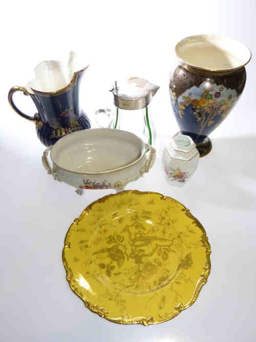 Silver lidded glass water jug, Crown Devon vase and large jug, Royal Crown Derby vase, Coalport