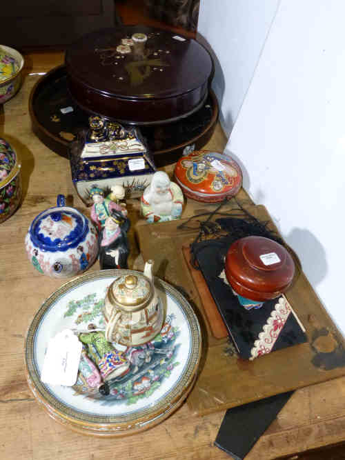 Oriental lacquered tray and lidded box, Oriental figures etc