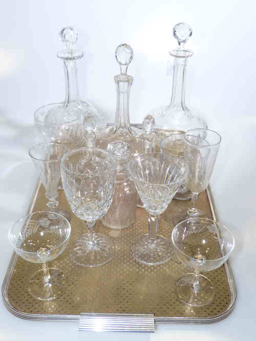 Three cut glass decanters, three small decanters and other glassware