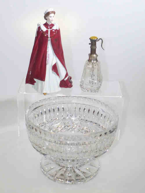 Royal Worcester figure 'Queen Elizabeth', cut glass bowl and scent spray