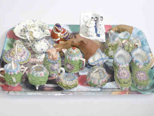 Tray of encrusted floral ornaments, Victorian fairing 'The Power of Love', Royal Crown Derby bird