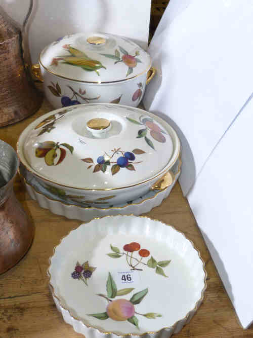 Two Royal Worcester 'Evesham' tureens and covers, two flan dishes