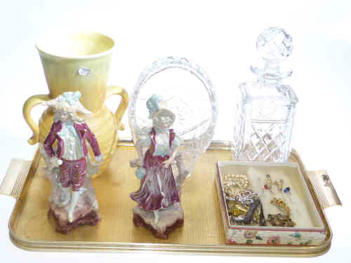 Pair of Continental porcelain figurines, Beswick vase, crystal glass decanter and basket, box of hat