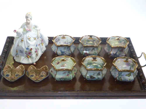 Royal Doulton figure 'Diana', six porcelain musical boxes and pair of Wade 'Cats Head' dishes