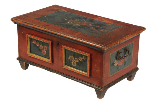 DIMINUTIVE PAINTED CHEST - Continental Chest in softwood in red paint, with floral decoration on