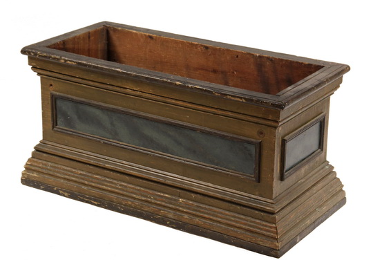 FIREWOOD BOX - Painted Pine Open Top Box, with heavily molded base and crown, in raw ochre paint,