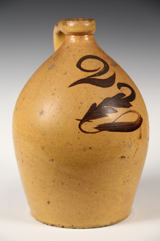 EARLY STONEWARE JUG - Ovoid Two Gallon Jug in yellow ochre slip, inscribed with the number `2` in