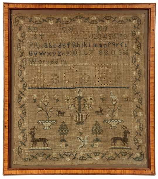 MAINE NEEDLEWORK SAMPLER by Emily Brush, circa 1830s, on linen. In tiger maple banded mahogany