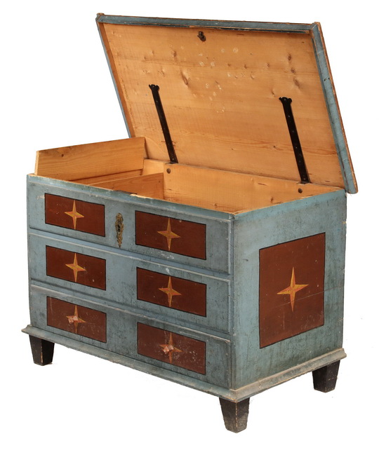 PAINTED SCANDINAVIAN BLANKET CHEST - Lift Top Chest with Single Drawer Base, softwood, with faux