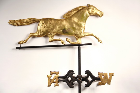 WEATHERVANE - Gilt Zinc & Tin Running Horse Vane mounted on long black solid iron stem with gilt