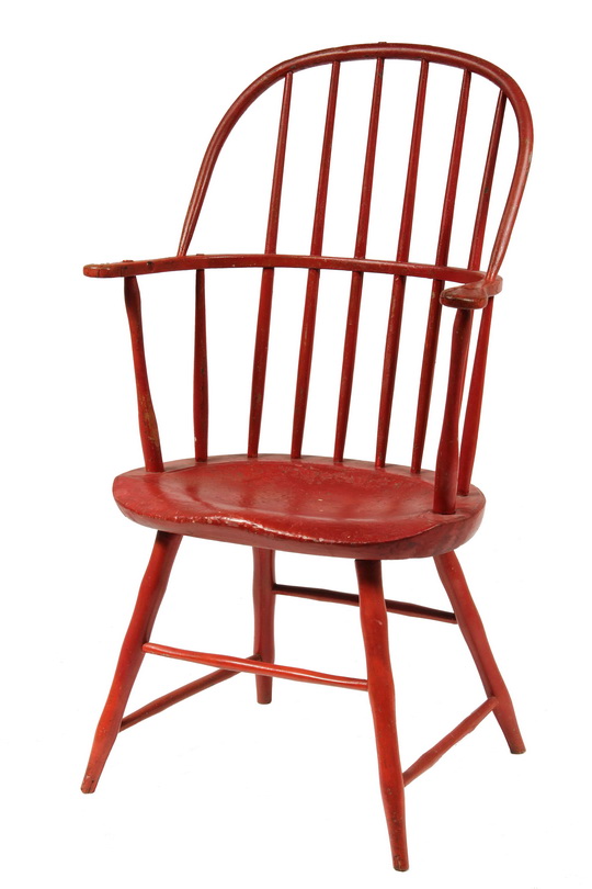 WINDSOR ARMCHAIR - New England Sack Back Windsor Armchair in later red paint, with deeply bodged