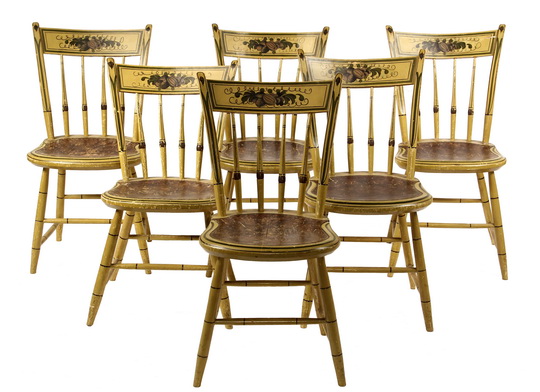 SET OF (6) COUNTRY SHERATON CHAIRS - Thumb Back Chairs in mustard yellow paint, with gold and black