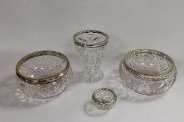 A silver mounted cut crystal vase, Sheffield 1930, together with three other silver mounted