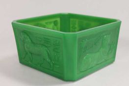 A Davidson's glass green square bowl with Egyptian design, diameter 15 cm.   CONDITION REPORT:  Good