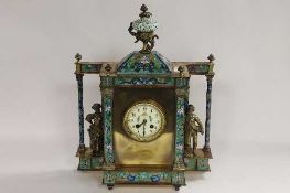 A nineteenth century French cloisonne mantle clock, striking on a bell, the pillared sides mounted