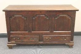 An early nineteenth century oak mule chest, width 146 cm.   CONDITION REPORT:  Time aged knocks