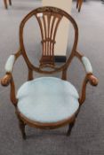 A nineteenth century oak salon armchair, width 55 cm.