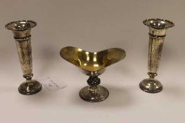 Pair of silver vases, height 13 cm, together with a small silver dish. (3)   CONDITION REPORT: