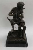 After Barbedienne - Bronze study of a man playing a flute, on marble plinth, height 37 cm.