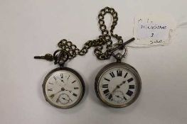 Two silver pocket watches, Birmingham 1895 & London 1882, together with a gilt metal chain and key.