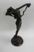 After H Frishmuth - Bronze study of a lady leaning backwards to a vine, on marble socle, height 42.5