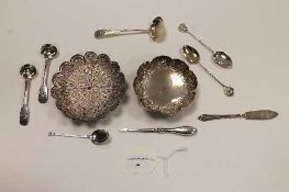 A sterling silver dish, together with a filigree pin dish and eight items of silver cutlery. (