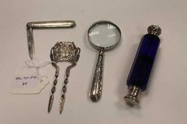 A silver hair slide, Birmingham 1903, together with  a blue glass double scent flask, a silver fruit