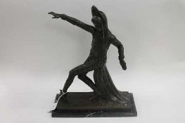 After C Mirval - Bronze study of a dancer with arms outstretched, on marble plinth, height 36.5 cm.