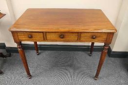 A Victorian mahogany three drawer writing table, width 91 cm.   CONDITION REPORT:  Good condition.