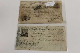 A Newcastle upon Tyne Banking Company five pound note, numbered 4144, with cancellation stamps,