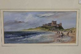 Frank Burke : Bamburgh Castle, oil on board, signed, 13 cm x 29 cm, framed.