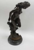 After Moreau - Bronze study of a nude by a tree stump, on marble socle, height 43 cm.   CONDITION