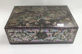 A Victorian lacquered inlaid mother of pearl work box, width 42 cm.   CONDITION REPORT:  The lift