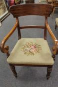 A Victorian mahogany armchair with upholstered tapestry seat.   CONDITION REPORT:  Good condition.