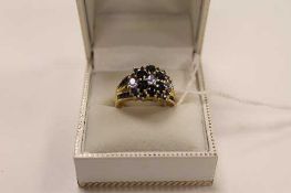 A 9ct gold  sapphire cluster ring, 5.6g.   CONDITION REPORT:  Good condition.