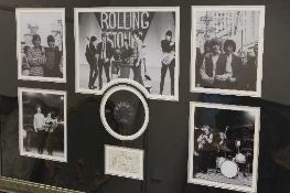 A montage relating to the Rolling Stones, comprising five monochrome images, mounted with a vinyl